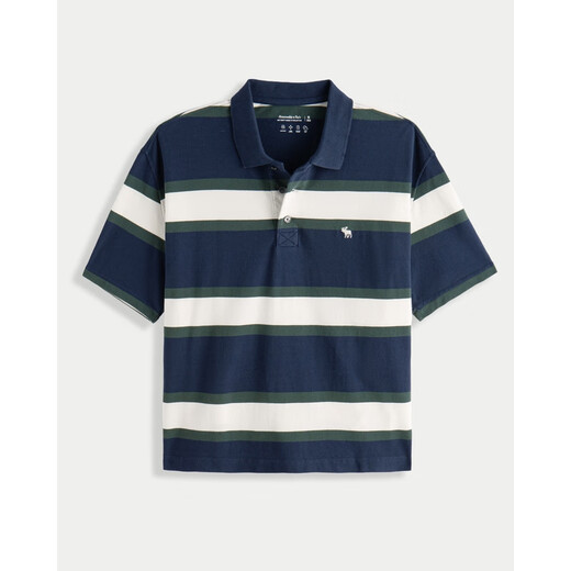 Abercrombie & Fitch Striped POLO Little Elk Pattern Men's 25 Summer American POLO Short Sleeve T-Shirt Navy Blue S (175/92A)