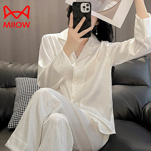 Cat man (miiow) pyjamas pour les femmes au printemps et à l'automne mince collier collier à manches longues pantalon à la maison vêtements de la soie glace 2025 nouveau style blanc-6623 long.sleeves m 80-100