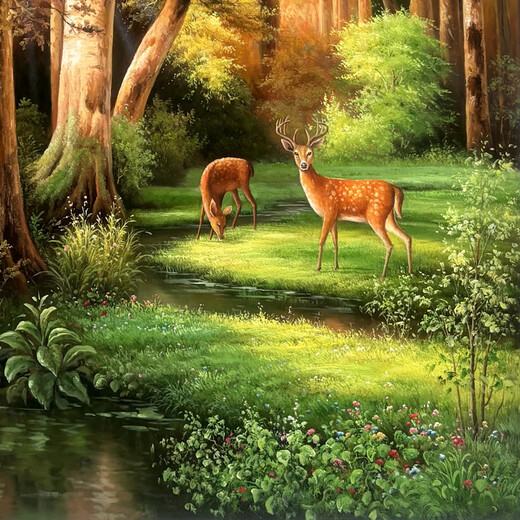 帝旗 高端原创手绘麋鹿风景油画欧式入户玄关装饰画走廊过道挂画竖版 692金实木框 80X160
