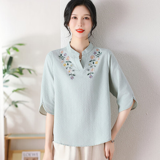 姿伟祺新款母亲节妈妈夏装洋气棉麻T恤中老年女装夏季国风短袖休闲上衣 9903 绿色 XL 【建议90-110斤】