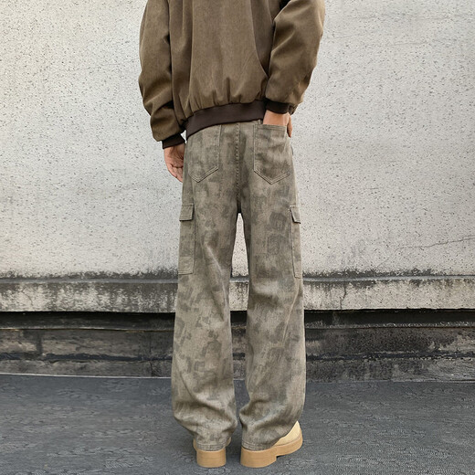 IZEXX Camouflage Work Casual Pants Men's Autumn Retro Versatile Wasteland Style Loose Straight Long Pants IZ53 Khaki 3XL