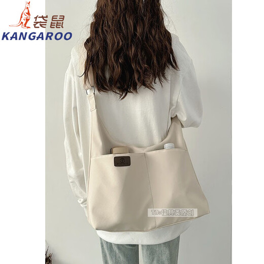 袋鼠（KANGAROO）法国进口品质轻便帆布包包大容量女单肩斜跨包大学生上课书包休闲 米白色1049 布料