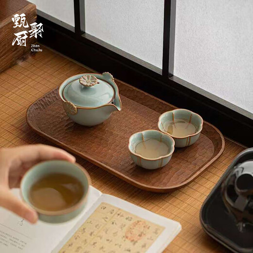 Zhenchu Ru Kiln Travel Tea Set One Pot Three Cups Outdoor Portable Ceramic Quick Cup Single Person Portable Tea Making Equipment Lotus Leaf Continuous One Pot Three Cups Sky Blue