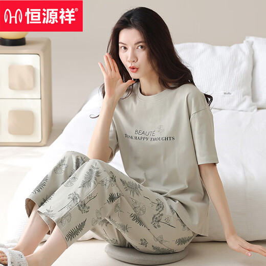 Hengyuanxiang pajamas for women in summer, good cotton short-sleeved trousers thin summer women's home clothing suit spring and autumn YZT9719 short-sleeved trousers M 80-100Jin [Jin equals 0.5 kg]