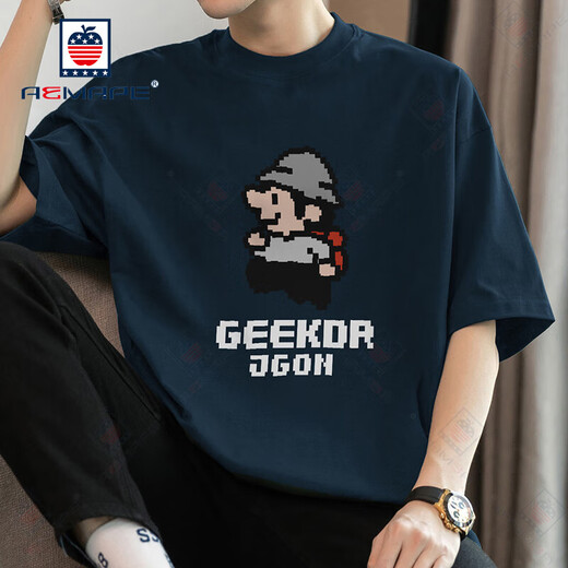Camiseta de manga corta de AEMAPE Mas de manga de manga corta 260 g pesados ​​de gran tamaño redondo de cuello de moda Pixel impreso M09-693 Black S