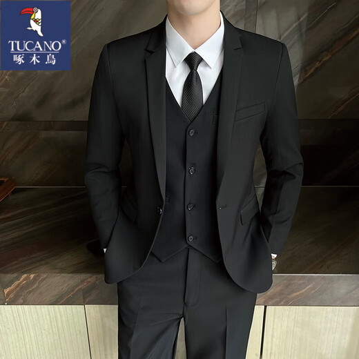 Woodpecker Casual Suit Suit Men's Slim Business Professional Formal Korean Style Groomsmen's Dress Groom's Host Suit Jacket Black Two-Button Suit + Pants + Shirt + Tie XL