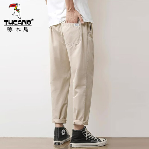 Woodpecker Casual Pants Men's Summer New Loose Breathable Straight Workwear Trendy Brand Youth Nine-Point Long Pants Men 9904 Light Khaki M