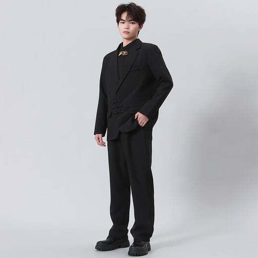 GOKU new Chinese style button suit suit for men Chinese style engagement wedding groom Chinese tunic dress Tang suit suit for men black suit + shirt + pants XL recommended weight 120-135 Jin Jin equals 0.5 kg