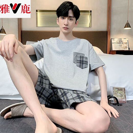 雅鹿男士睡衣夏季短袖短裤棉质青少年简约男夏背心大码中年家居服套装 9928 男士L码(适合95-120斤) 均码