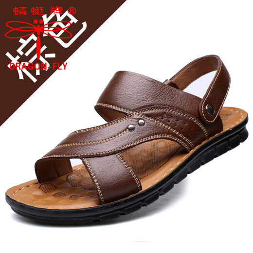 蜻蜓牌2025夏季新款一字拖鞋男士防滑大码潮凉拖两用皮凉鞋男鞋沙滩鞋 棕色12129 41