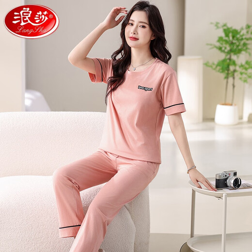 Pyjamas haut de gamme Langsha pour femmes panton coton pur pantalon à manches courtes 2025 Nouveau costume Les vêtements de coton d'été peuvent être portés à l'extérieur de 7374 Green Green M 80-100jin [Jin est égal à 0,5 kg]