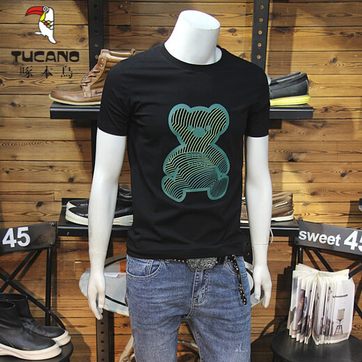 啄木鸟（TUCANO）t恤男士2025夏季新款短袖T恤男修身个性刺绣烫钻欧货丝光棉体恤男 724闪电R黑色 6XL
