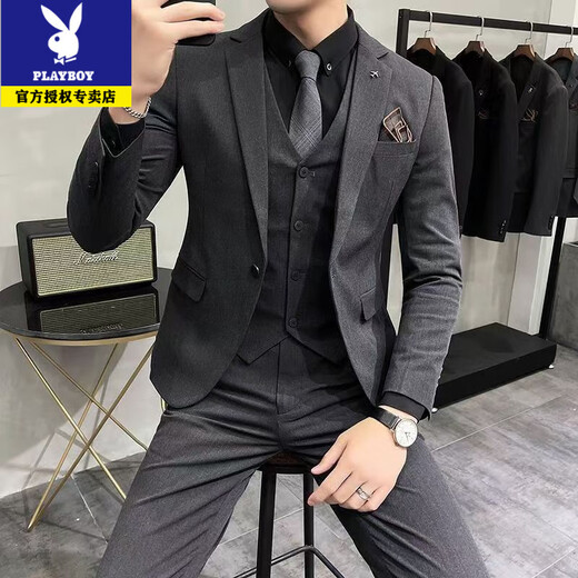 Playboy suit men's high-end business casual suit Korean version slim fit groom and best man wedding dress full set men's black 2-button two-piece set 2XL recommended 135-145Jin Jin equals 0.5 kg