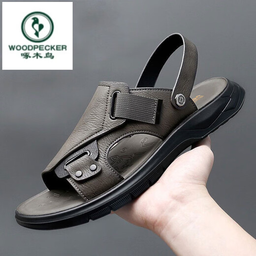 Holzspecker Echtes Leder Kuhläppchen Neue Stil Herren echtes Leder Dicke Sohle Kleidung-resistente Sandalen Anti-Rutsch-Strandschuhe Weiche Sohle Dual-Purple-Sandalen Männer grau 9923 38
