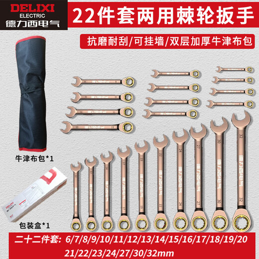 DELIXI ELECTRIC dual-purpose ratchet wrench set tool open-ended wrench home car repair and maintenance labor-saving board 22-piece set