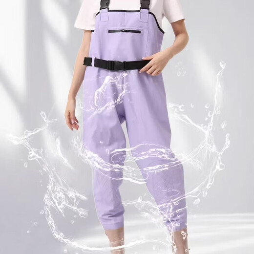 Lugeli women's waders, sea equipment, adult lower body one-piece wading suit, full body slim waterproof rain pants with rain boots, fantasy purple size 39, large pockets + belt