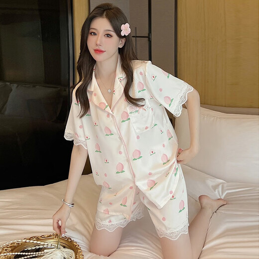 Yalu summer pajamas for women ice silk short-sleeved trousers sweet peach summer thin two-piece suit FS_9905# cardigan short peach M