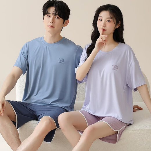 莫代尔夏季男士睡衣男情侣款女士带胸垫短袖短裤夏天凉感休闲家居服套装 01N15801女 01N15601男 XL 男- 120-140斤
