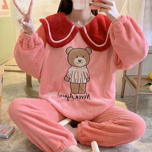 FHHUABD Pajamas Women's Autumn and Winter Flannel Korean Style Sweet Cartoon Princess Style Home Clothes Coral Velvet Thickened Warm Suit 9934 Velvet Pink Bow L