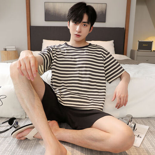 珍韵缘男士睡衣夏季短袖夏款莫代尔薄款青少年可外穿夏天款家居服套装 6198蓝莫代尔套装 均码 L100120斤