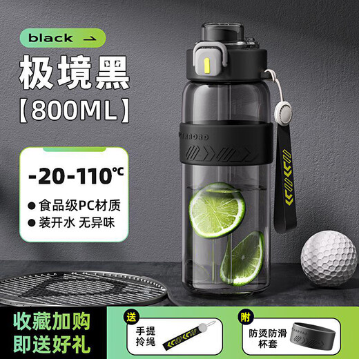 SZTAA Sports Water Cup Large Capacity Sports Water Bottle for Boys and Girls Summer School Special Fitness Portable Water Bottle High Temperature Resistant Outdoor Deep Black - Thickened PC Double Drink 800ml