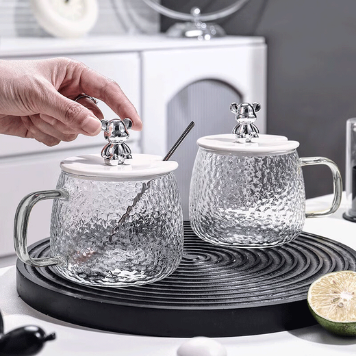 Dipur bear glass cup with lid spoon cute heat-resistant glass water cup for girls high-looking office breakfast cup ins style