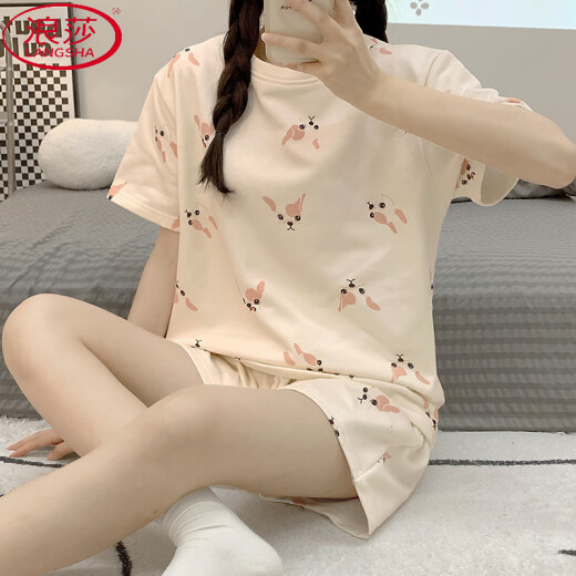 浪莎（LangSha）夏季女睡衣新款棉质夏天2025ins卡通印花圆领套头短袖爆款可外穿 1048紫兔 M (适合80-95斤)