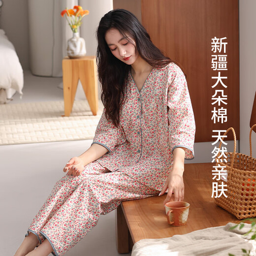 新一步七分袖九分裤女款睡衣V领印花大码开衫透气家居服套装 S4839-琉璃橙 L