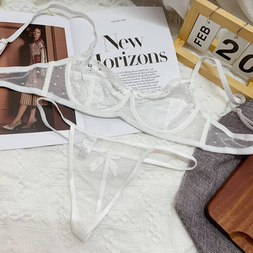 French sexy lingerie women's pure half cup transparent bra set thin European and American lace panties bra white thong set 70AS code