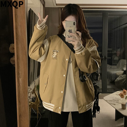 MXQP spring new American men and women baseball uniform trendy brand embroidered letters flying couple jacket ins jacket for women 1047 apricot M [95-110Jin [Jin equals 0.5 kg]]