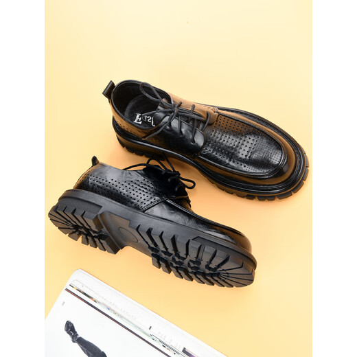 Oein Retro Genuine Leather Big Toe Derby Shoes Business Casual Men's Shoes Summer Breathable Hollow Leather Sandals Men's Perforated Thick Soles Black Lace Up 15267-0 Summer Perforated Single Layer 38 This One Size Larger