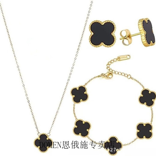 DOMEN Old Phoenix Gold Store stainless steel plated 18K four-leaf clover necklace bracelet earrings jewelry set non-fading double-sided black four-leaf clover three-piece set