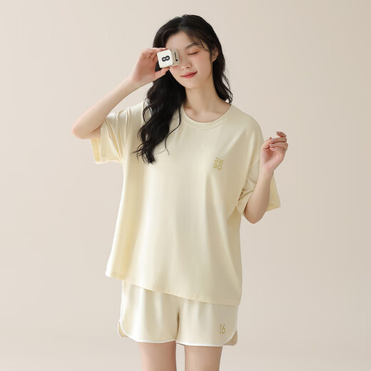 LangSha-Markenpyjama für Damen, Sommer, dünner Stil mit Brustpolster, Eisseide, kurzärmelig, einfarbig, Heimkleidung, 2025, neuer Stil, F18-15807-Pullover, doppelt kurz, hellgrün, kommt mit Brustumfang M 90–110. Jin Jin entspricht 0,5 kg