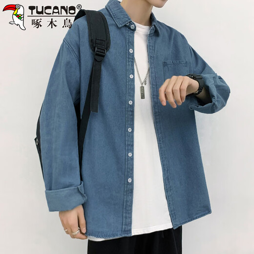 Рубашка Woodpecker (TUCANO) мужская с длинными рукавами весенне-осенняя повседневная джинсовая рубашка в гонконгском стиле, свободная однотонная мужская куртка светло-синего цвета L
