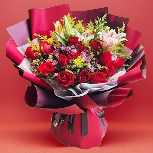 Romantic season flower express delivery in the same city. Red rose bouquet to express love to girlfriend, birthday gift, wedding anniversary, national flower shop. 19 red roses + 6 pink lilies. Delivery today - flower delivery time can be made by appointment.