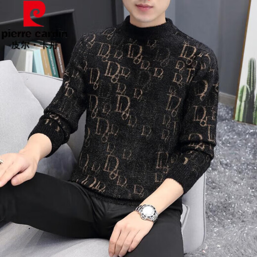 皮尔卡丹（pierre cardin）男士中领毛衣水貂绒黑色线衣冬季加厚保暖一体绒半高领条纹针织衫 K12156黑色 M