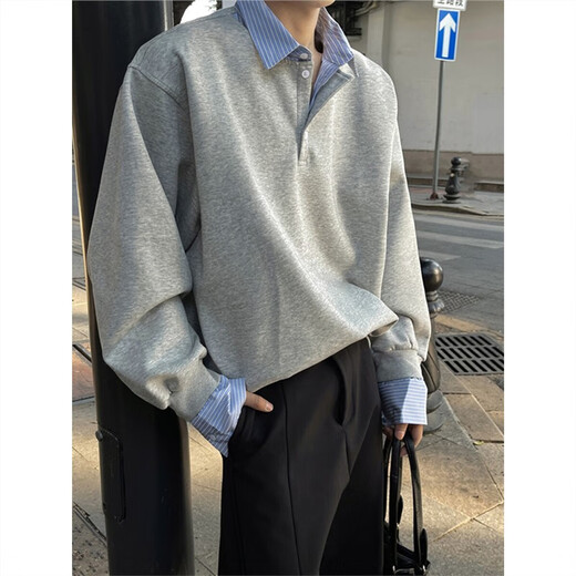 Jufeng fake two-piece polo shirt sweatshirt men's American heavy henley collar long-sleeved T-shirt design high-end handsome jacket black M (suitable) 100-115Jin Jin is equal to 0.5 kg