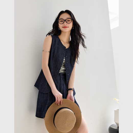 梵希蔓老钱风深蓝色牛仔套装女2025年夏季新款无袖上衣短裤两件套 M9767 深牛仔蓝 XL