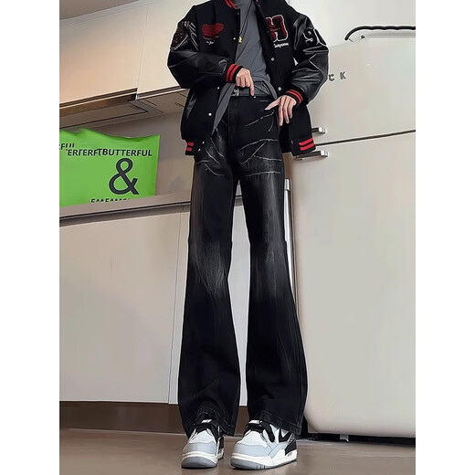 Yiran presents jeans for men with slightly flared autumn and winter style, lightning pattern, handsome design, American high street scimitar straight pants for men, black L recommended 105-125 Jin Jin equals 0.5 kg