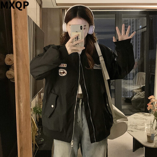MXQP spring new American men and women baseball uniform trendy brand embroidered letters flying couple jacket ins jacket for women 1047 apricot M [95-110Jin [Jin equals 0.5 kg]]
