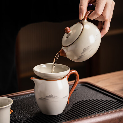 Porcelain brand tea set, ink and wash Guanshan tea set, complete set of Ru kiln teapot and tureen, kung fu tea set, gift box for home use, ink and wash Guanshan teapot and tureen, 8 cups, 13 pieces + tea tray