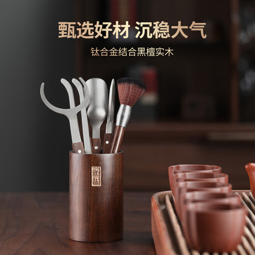 Shangyanfang Ebony Pure Titanium Tea Ceremony Six Gentlemen Set Tea Set Accessories Tea Making Tools Kung Fu Tea Supplies Complete Tea Clamp Brush 2 Ebony Tea Ceremony Bottles + Ebony Houze 5 Accessories