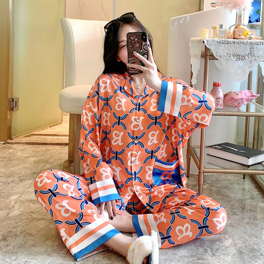 Mansani spring and autumn silk pajamas for women 2025 new summer and winter trousers two-piece suit long-sleeved silk home clothes KYKS-4839 (long sleeves + trousers) M recommended weight 75-95Jin Jin equals 0.5 kg