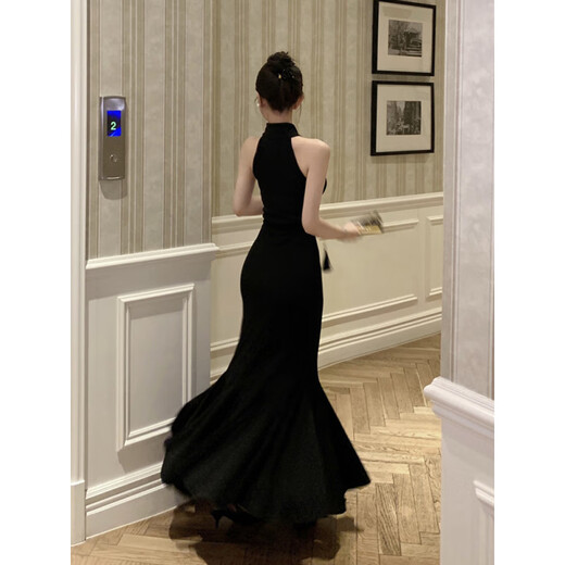 Chuangjingyi chooses fishtail skirt dress, new Chinese style national style black improved cheongsam dress for women summer sexy evening dress fishtail bag Picture color S