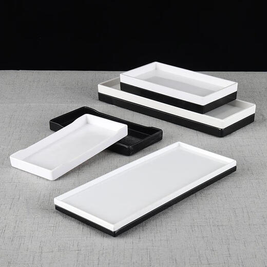 Shantou Lincun brings a comfortable dining experience. Melamine long plate, narrow and long tray, plastic sushi shallow plate, flat plate A8--695-16 black matte