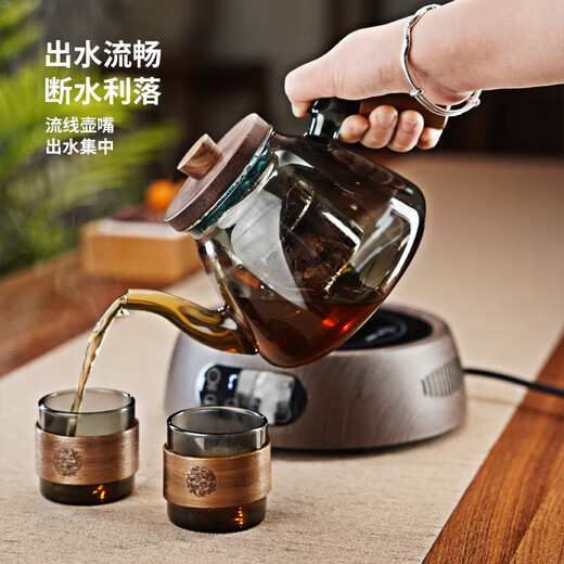 Fully high temperature resistant thickened glass tea kettle, large capacity kettle, side handle tea kettle, household kettle, ash side handle Xianghe kettle + wooden electric ceramic stove