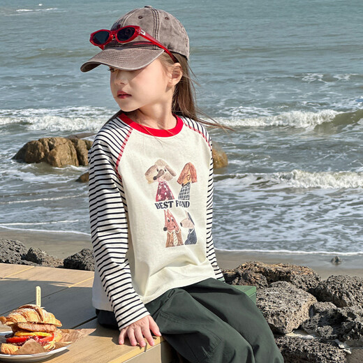 Tutu Little Elephant Children's Long Sleeve T-shirt Girls Raglan Sleeve Cotton Top Bottoming Black and White Stripes 160 Height About 160cm