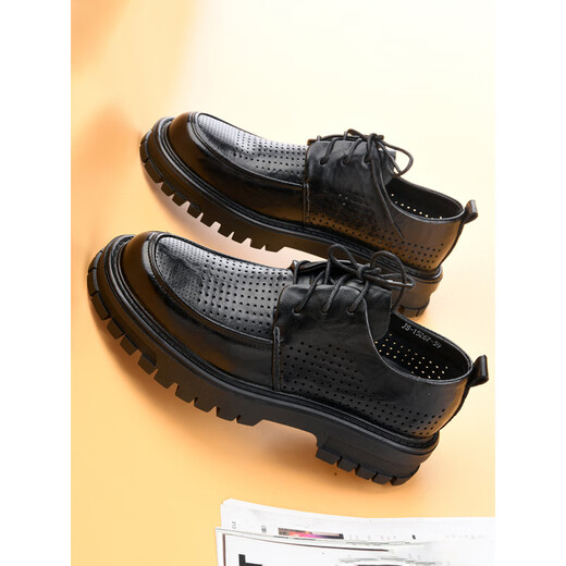 Oein Retro Genuine Leather Big Toe Derby Shoes Business Casual Men's Shoes Summer Breathable Hollow Leather Sandals Men's Perforated Thick Soles Black Lace Up 15267-0 Summer Perforated Single Layer 38 This One Size Larger