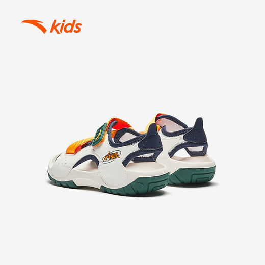 ANTA children's sandals for boys, outdoor breathable and comfortable buckle low-top toe beach shoes, river shoes D, ivory white/new ink blue/Xixia orange 29
