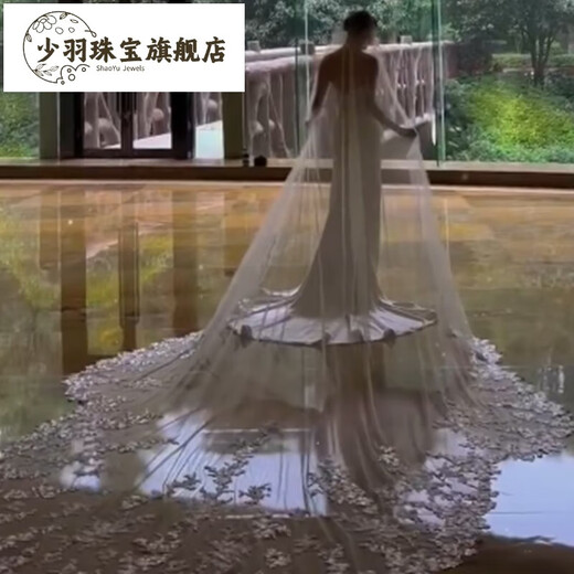 Tongrubi Wedding Bridal Veil Lace Trimmed Long Trailing New Hairdress Forest Style Wedding Super Fairy Big Trailing Shadow White Extra Long Super Fairy Trailing Big Veil YC-617